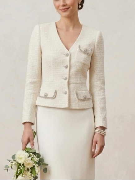 Self-Portrait Cream Rhinestone Embellished Tweed Boucle Belted Jacket